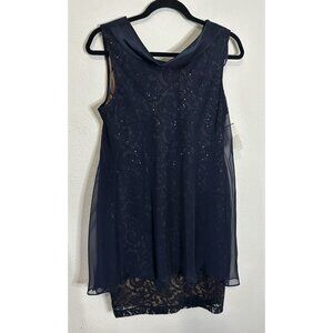 SLNY Navy Lace Chiffon Overlay Sequin Cocktail Party Dress Size 12